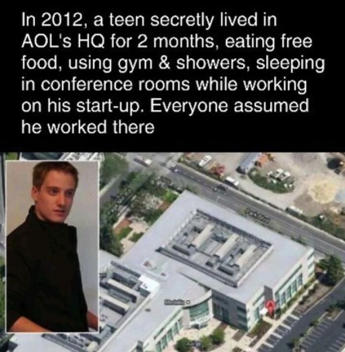 Teen secretly lived in AOL HQ for two months, using facilities unnoticed, depicted with aerial view of the building.