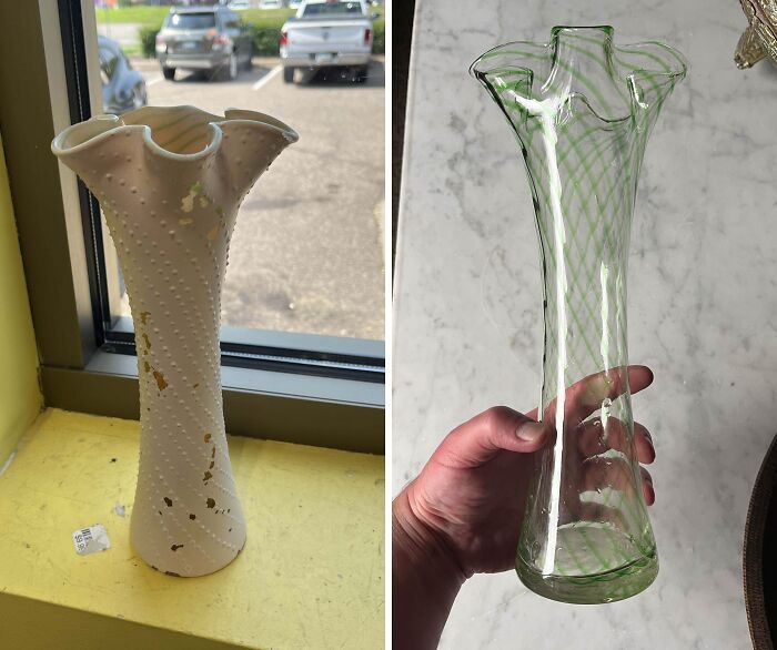 Old vase restored to a transparent green glass with intricate patterns, showcasing old-things restoration skills.