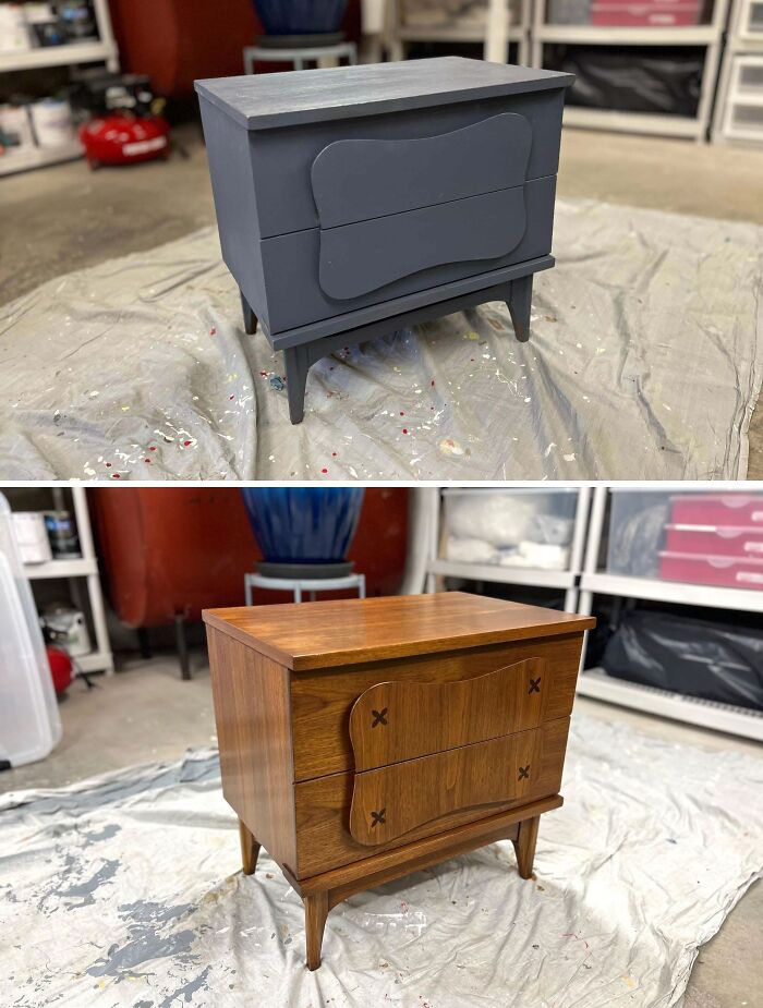 Before and after of furniture restoration, showcasing transformation from painted to natural wood finish. Keywords: Old Things Restoration.