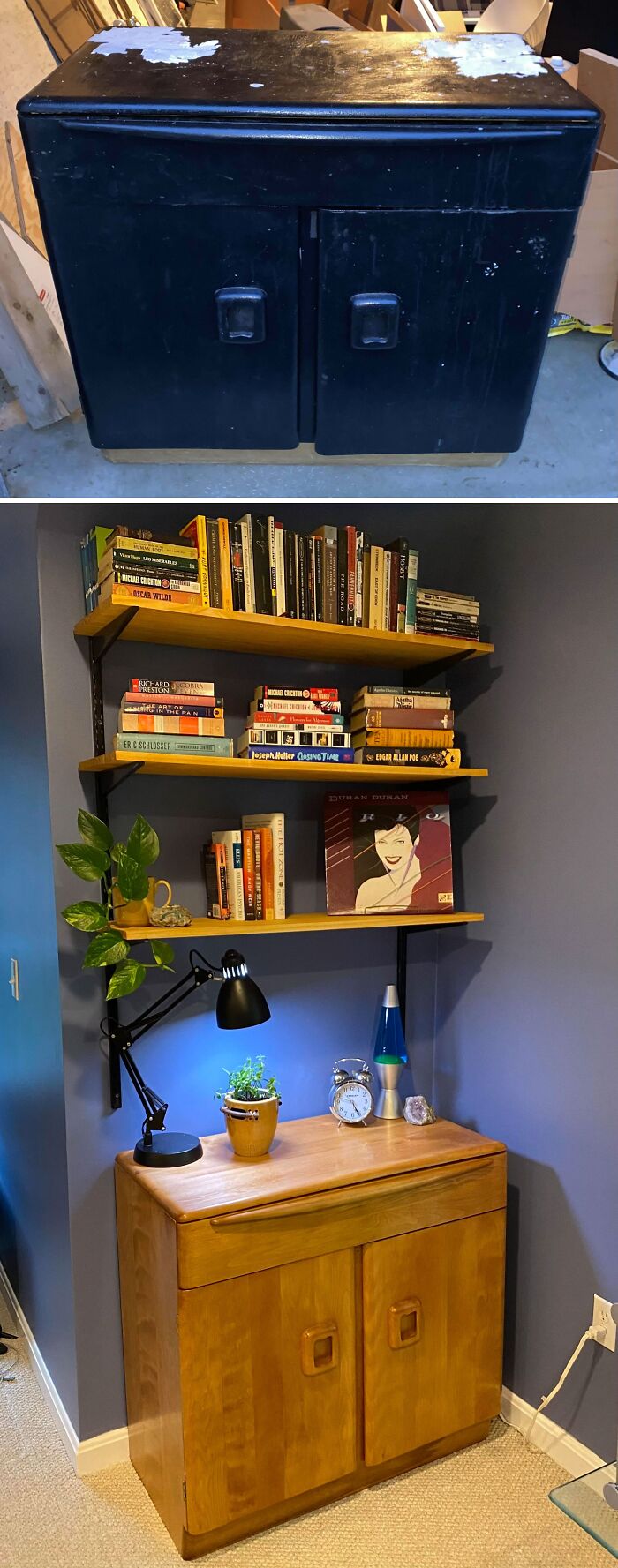 Restored wooden cabinet with shelves above, displaying books, plants, and decor in a cozy room setting.