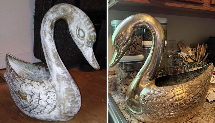 Restored vintage swan planter, from weathered and tarnished to polished and gleaming, showcasing old things restoration.