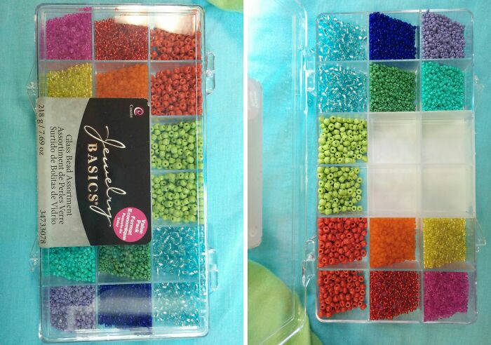 Bead box with compartments filled, some partially empty, showing misleading packaging design.