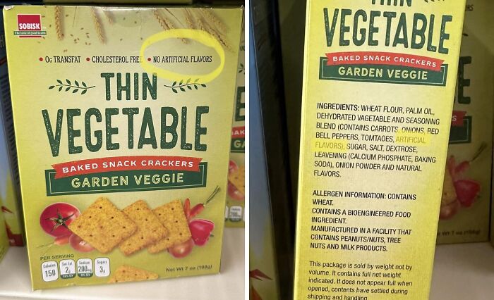 Misleading packaging design: "Thin Vegetable" crackers, showing healthy claims on the front and detailed ingredients list on the side.