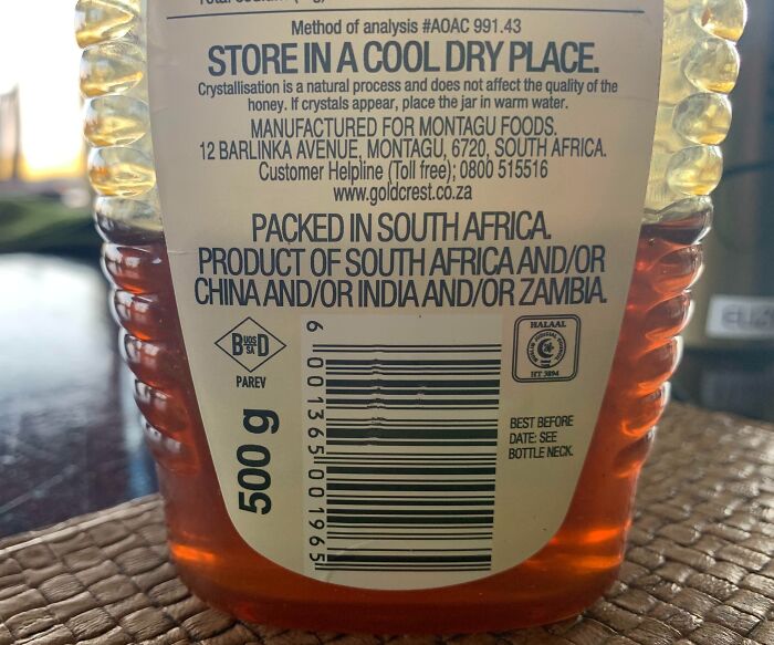 Misleading packaging design showing a label indicating product origin as multiple countries on a honey jar.