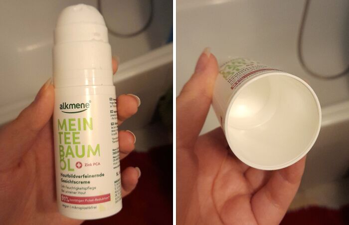 Misleading packaging design with a large outer bottle and a small inner container of face cream.