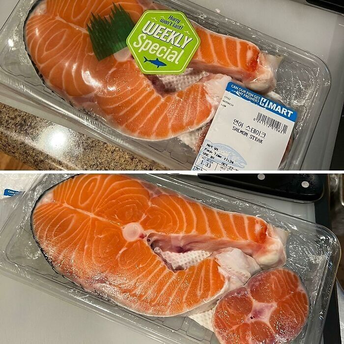 Misleading packaging design of salmon tray showing strategic placement of fish pieces.