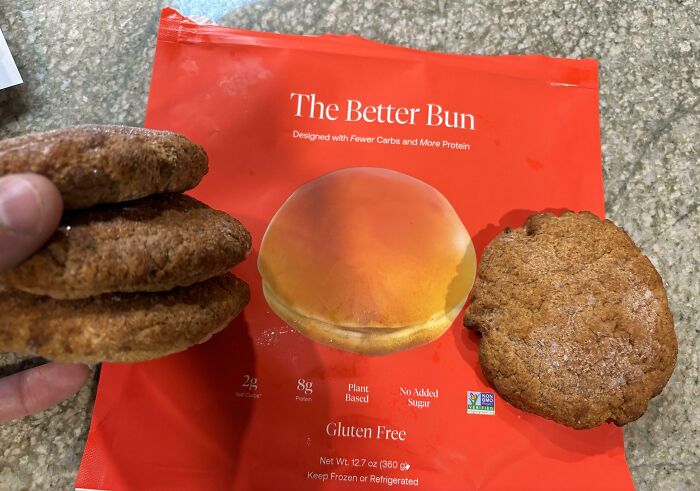 Misleading packaging design example showing unappealing bread next to vibrant packaging of "The Better Bun."