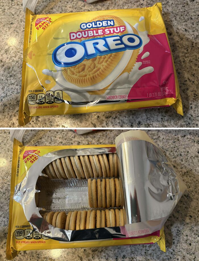 Misleading packaging design of Golden Double Stuf Oreo, showing fewer cookies inside.