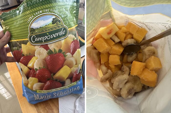 Misleading packaging showing different fruit mix on the outside of the bag compared to the contents inside.