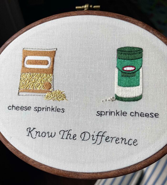 Creative embroidery showing humorous cheese sprinkles comparison, labeled "Know The Difference."