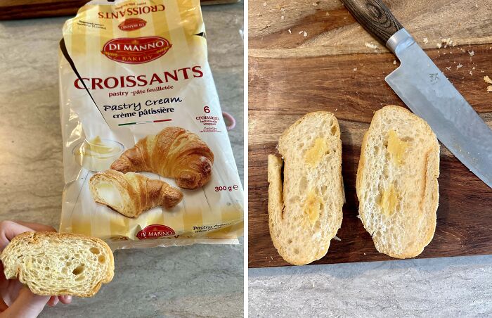 Misleading packaging design: croissant package with pastry cream, but minimal filling inside visible sliced croissant.