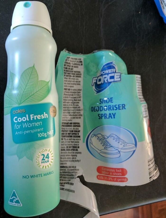 Misleading packaging design with deodorant labeled as shoe spray upon peeling.