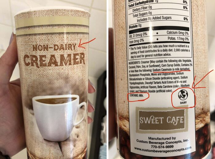 Misleading packaging with "Non-Dairy Creamer" label, but ingredients list shows "Contains Milk."