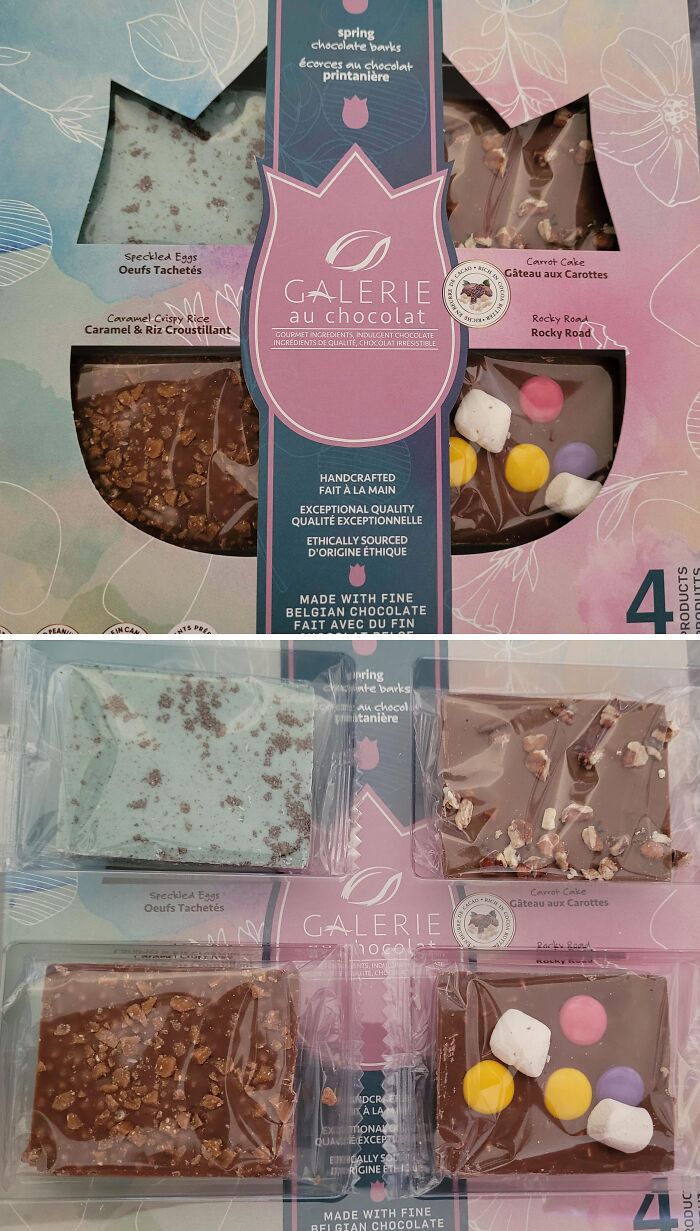 Colorful chocolate package showing misleading packaging design examples with assorted flavors.