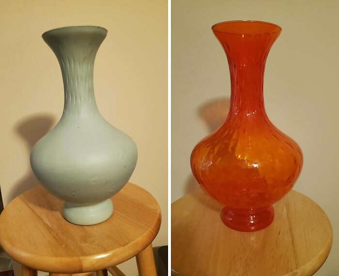 Before and after images of an old vase restoration, showcasing transformation from dull to vibrant orange.