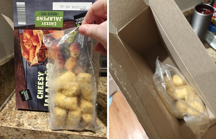 Misleading packaging design shows a small bag of snacks inside a large box.