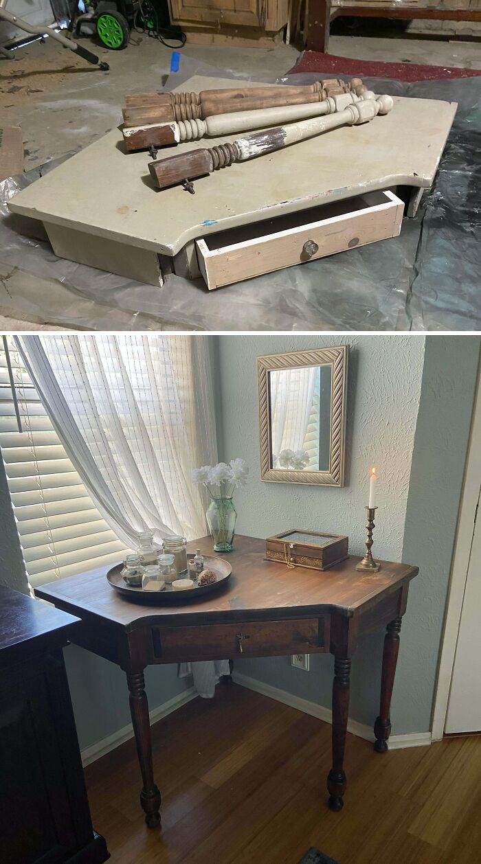 Old things restoration showing a transformed table, from disassembled to beautifully finished with decor.