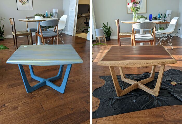 Old things restoration of a table shown before and after refinishing in a modern dining room setting.