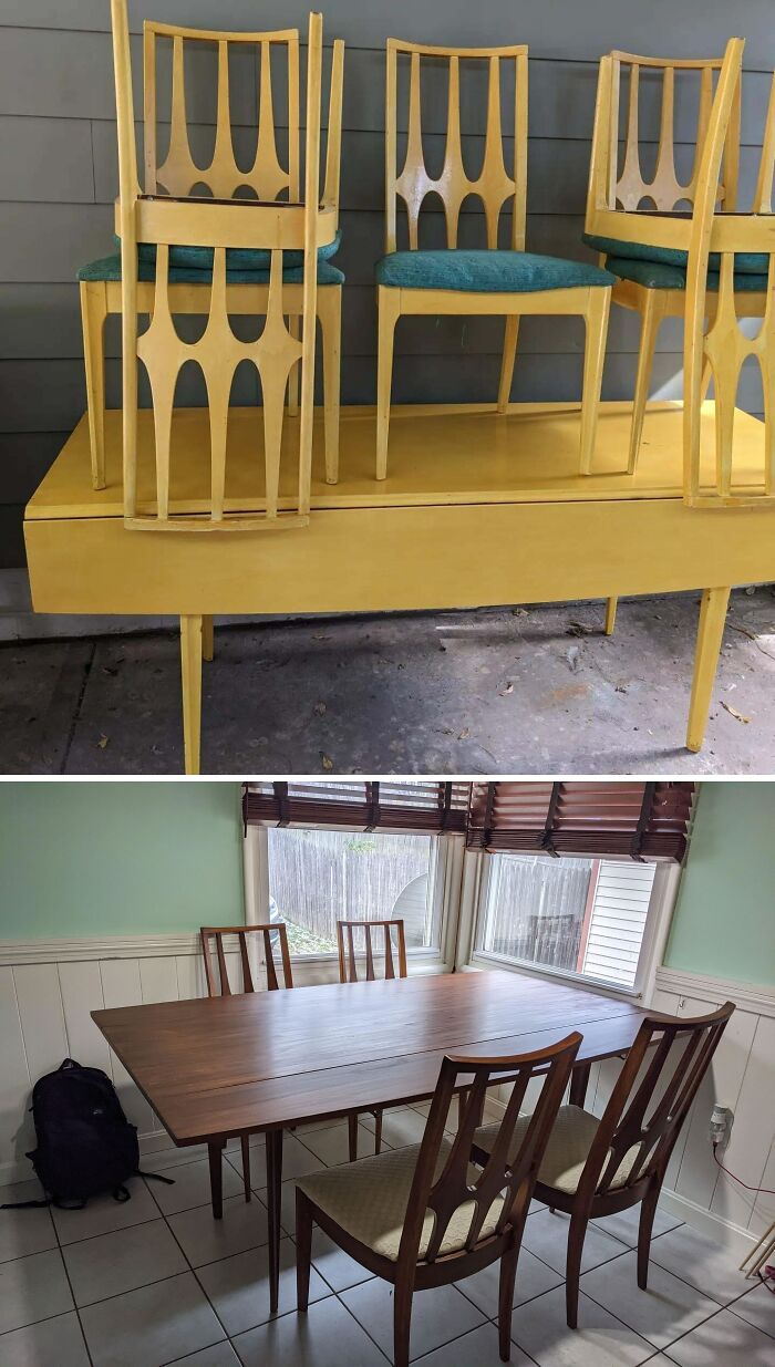 Restored vintage chairs and table from before and after, showcasing old things restoration work in progress.