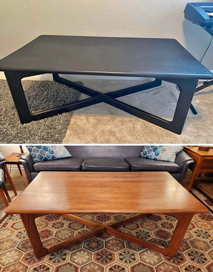 Restored wooden table shown in before and after images, highlighting old things restoration transformation.