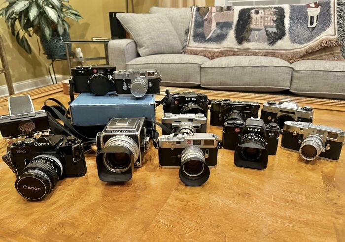 Vintage camera collection inherited, displayed on wooden table in cozy living room setting.