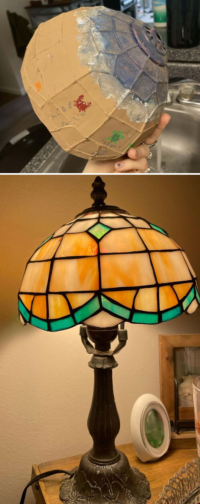 Old things restoration showing a repaired stained glass lamp from broken to beautifully restored.