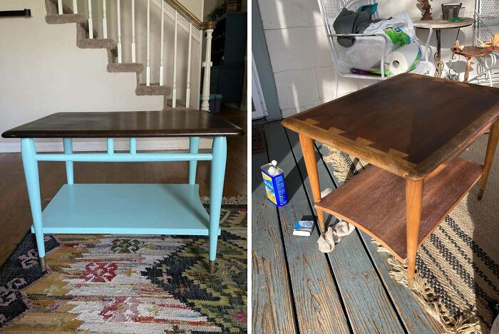 Two restored wooden tables showcasing before-and-after restoration transformation of old furniture.