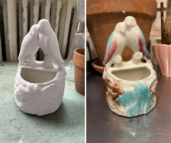 Ceramic bird planter before and after vibrant old things restoration.