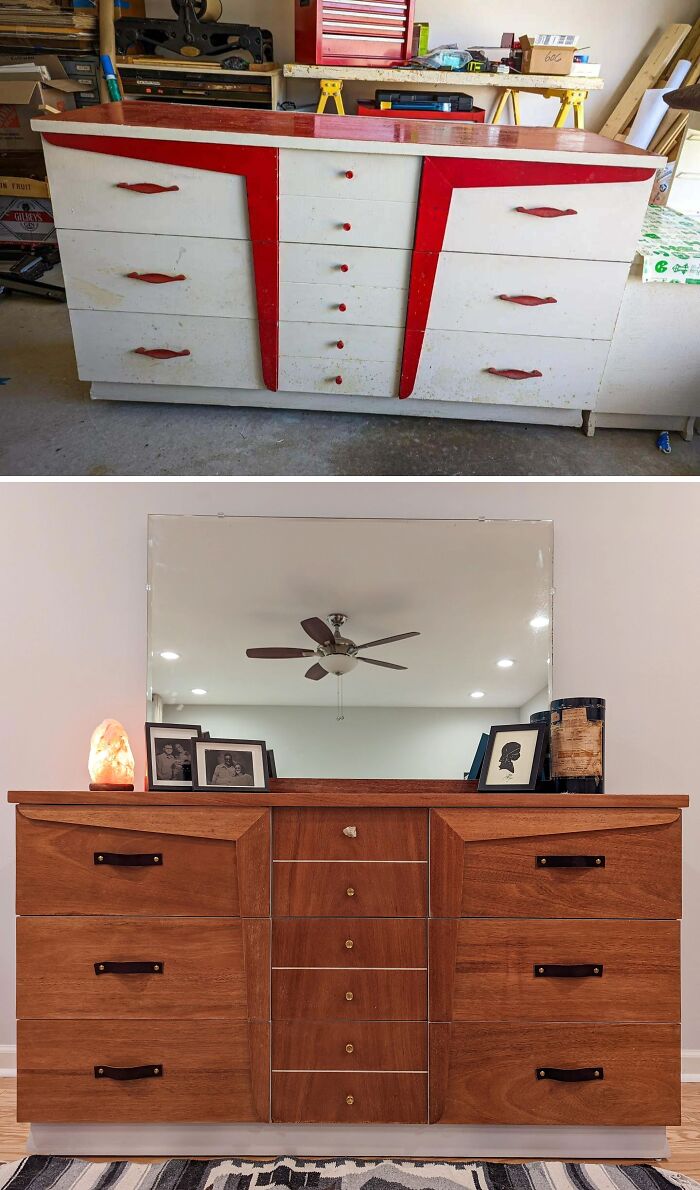 Restored vintage dresser with wooden finish and modern decor in a bright room, showcasing old things restoration.