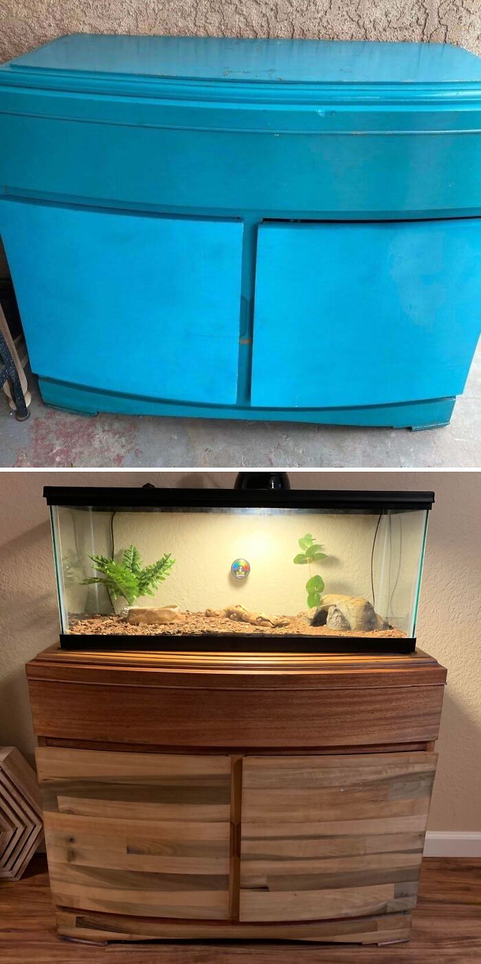 Old things restoration showing a blue cabinet transformed into a wooden aquarium stand with a fish tank.