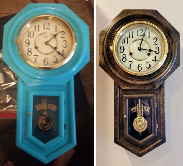 Restored old wall clock, showing before and after transformation from blue to natural wood finish.