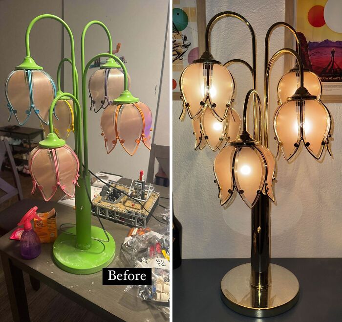 Old lamp restoration showing a vibrant transformation from worn-out to shining elegance in a before and after comparison.