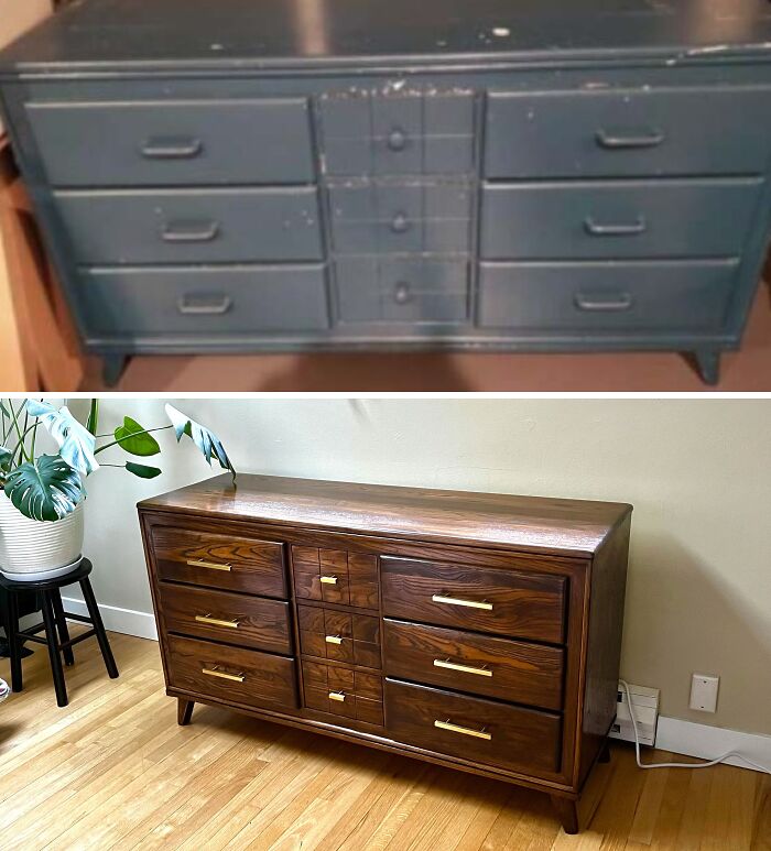 Old furniture restoration showing a dresser before and after transformation.