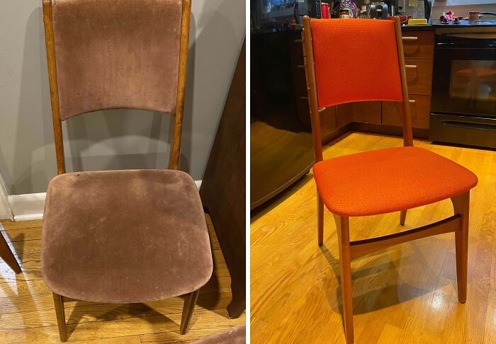 Restored chair with new red upholstery beside the original worn brown seat, showcasing old things restoration success.