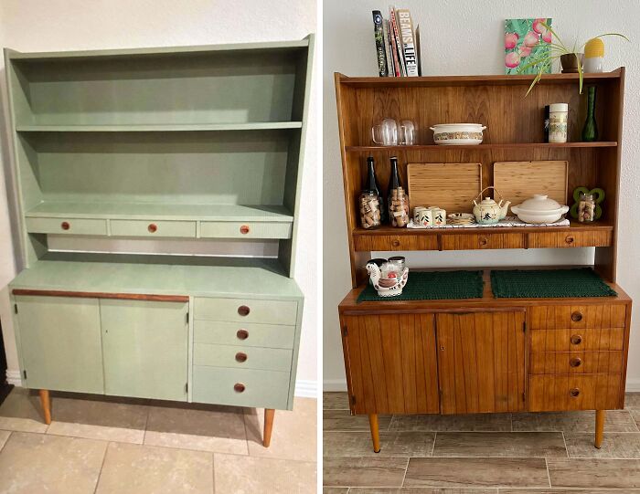 Old furniture restoration showing before and after transformation from green to polished wood with decorative items.