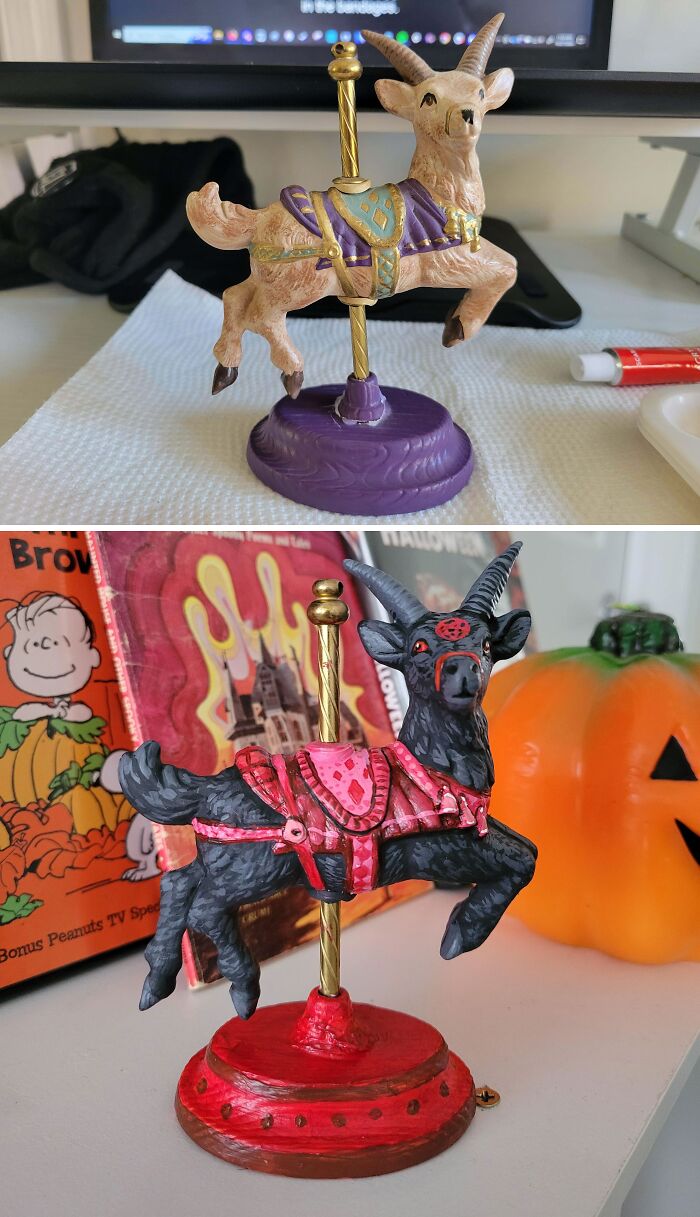 Restored carousel goat figurine with vibrant colors, showcasing Old-Things-Restoration-Pics before and after transformation.