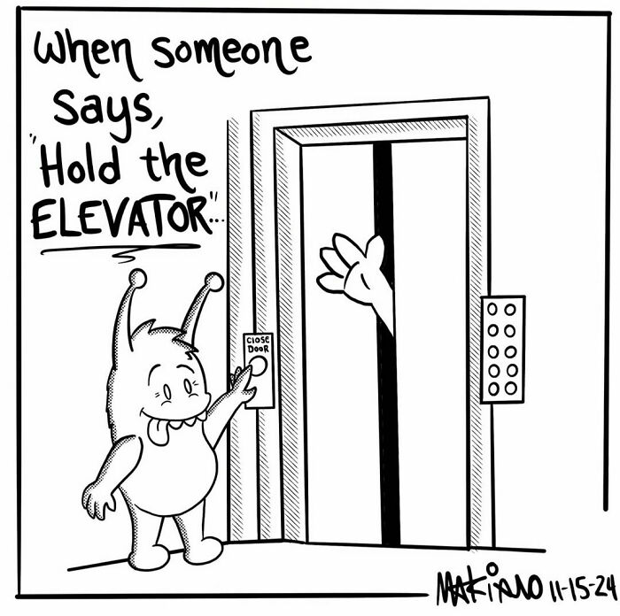 Cartoon by Mariano Velasco of a character pressing "close door" in an elevator as a hand tries to enter.