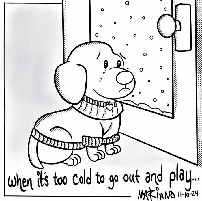 Cartoon dog in a sweater, looking sadly out a window at the snow, drawn by Mariano Velasco.