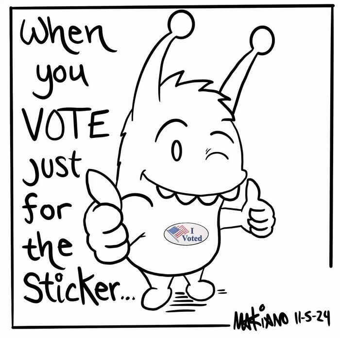 Adorable cartoon character with "I Voted" sticker, winking and giving thumbs up by Mariano Velasco.