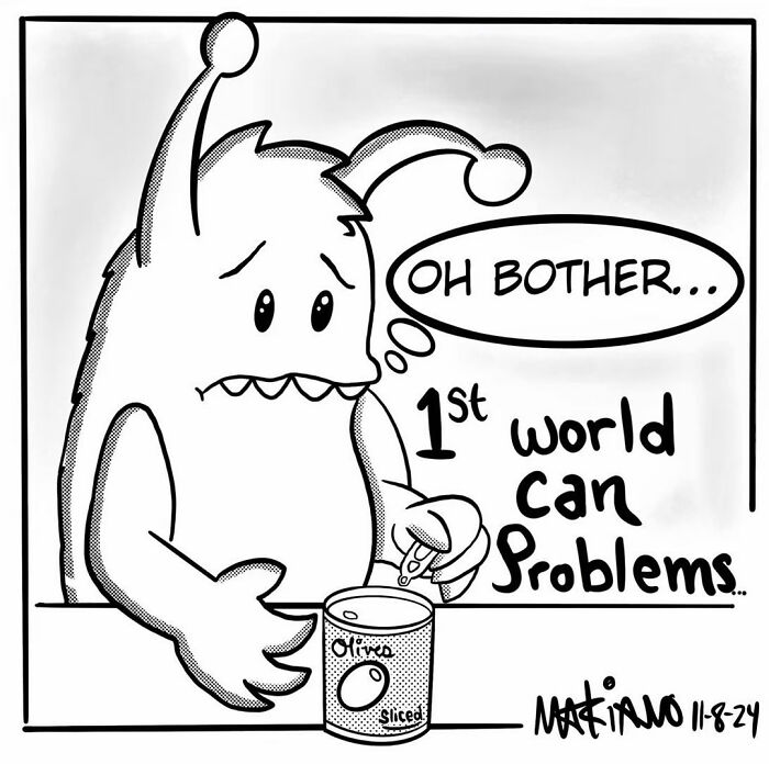 Cartoon by Mariano Velasco depicts a creature with “1st world can problems” in a playful, adorable scenario.