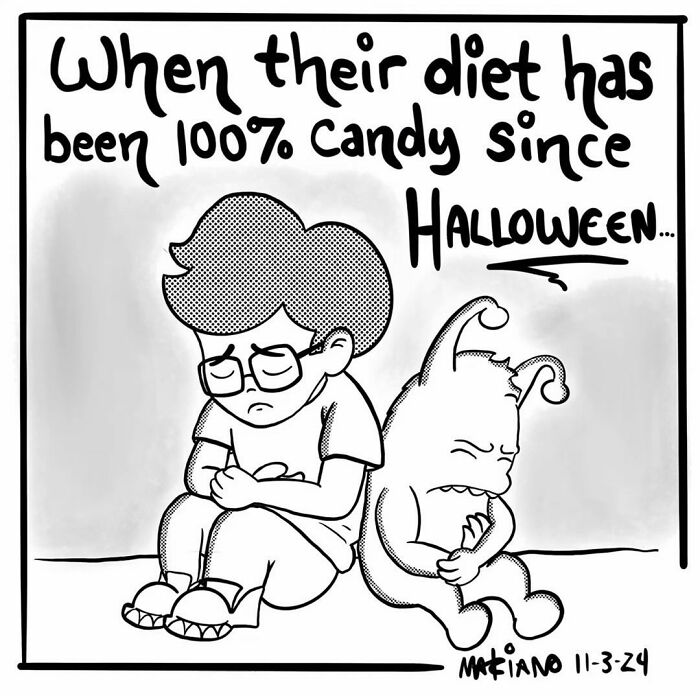 Cartoon by Mariano Velasco showing a sad child and creature, commenting on eating too much candy after Halloween.