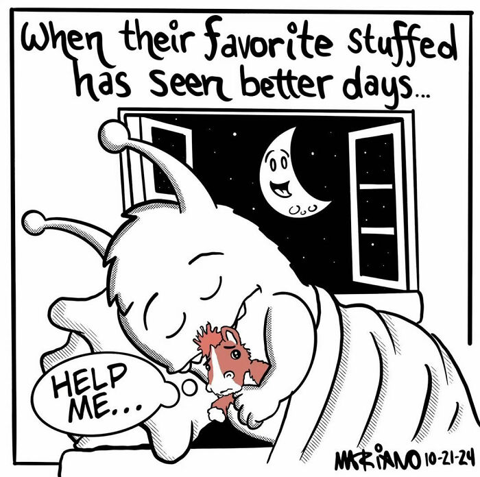 Cartoon of a creature hugging a worn stuffed animal at night, showcasing Mariano Velasco's charming take on everyday moments.