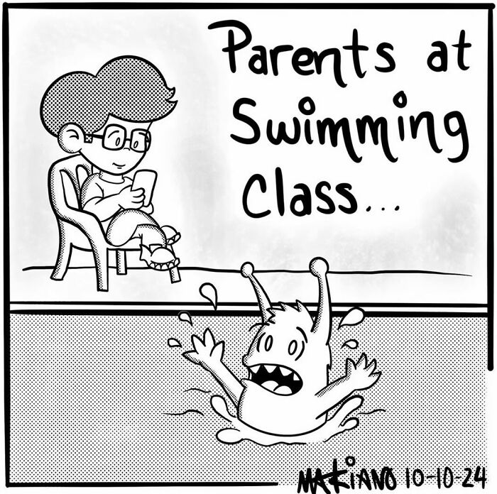 Cartoon by Mariano Velasco showing a parent texting while a child splashes in a swimming pool.