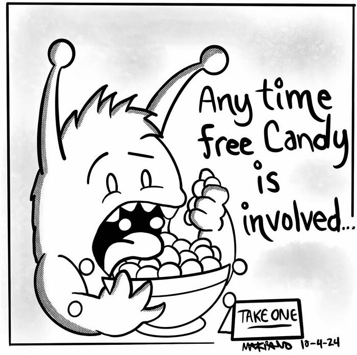 Cartoon creature with antennae excitedly grabbing free candy from a bowl.