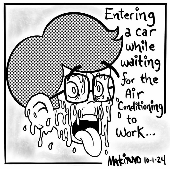 Comic art by Mariano Velasco shows a person sweating in a car, humorously depicting everyday life.