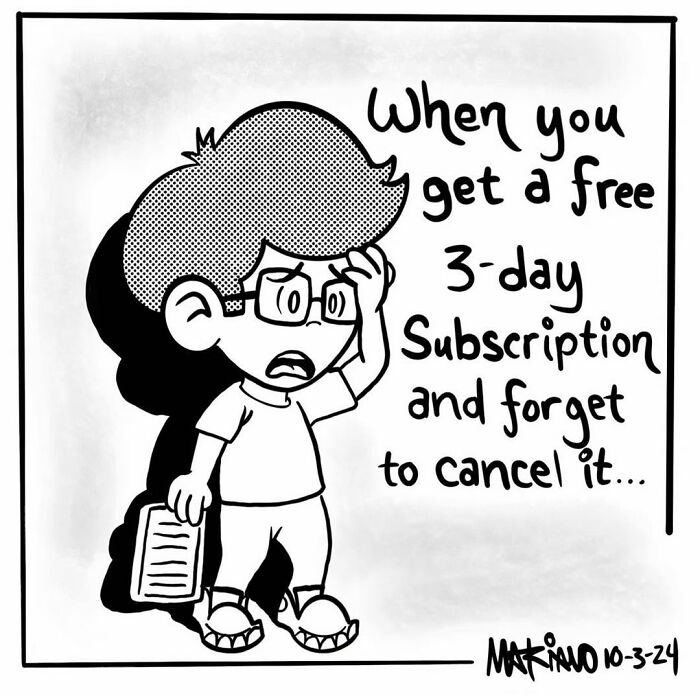 Cartoon by Mariano Velasco depicts a concerned character about forgetting to cancel a subscription.