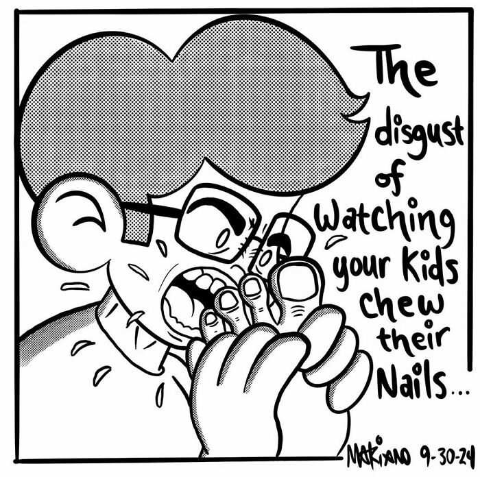 Cartoon illustration by Mariano Velasco humorously depicting a child chewing their toenails.