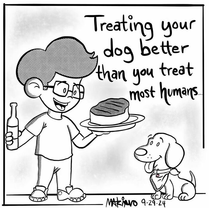 Mariano Velasco cartoon: smiling boy with food and happy dog, highlighting humorous everyday life scenario.