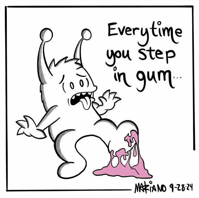 Cartoon character reacting humorously to gum stuck on foot, drawn by Mariano Velasco, capturing everyday life.