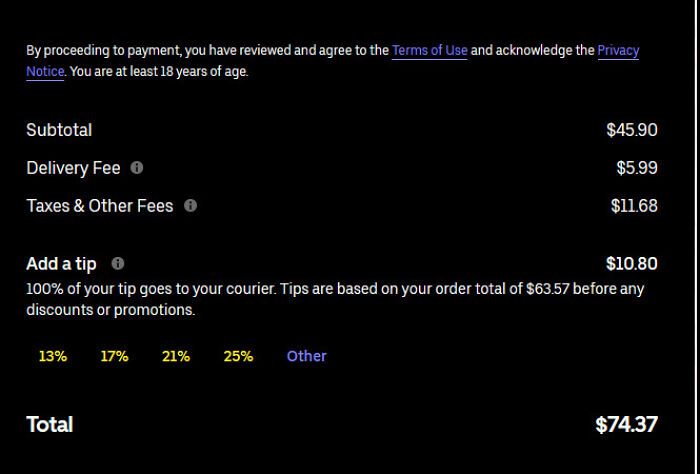 Subtotal with deceptive-marketing-techniques: hidden fees, delivery, and tips inflate the total cost to $74.37.